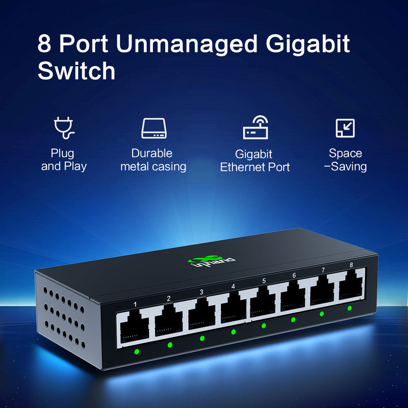 InHand ES220-8T 8-Port Unmanaged Gigabit Switch | Plug and Play Network Extender | Fanless Metal Casing for Business, Office & Home Network