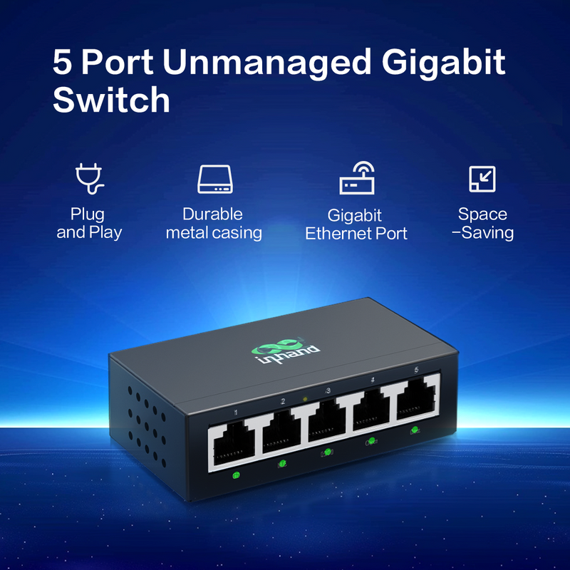 InHand ES220-5T 5-Port Unmanaged Gigabit Switch | Plug and Play Network Extender | Fanless Metal Casing for Business, Office & Home Network