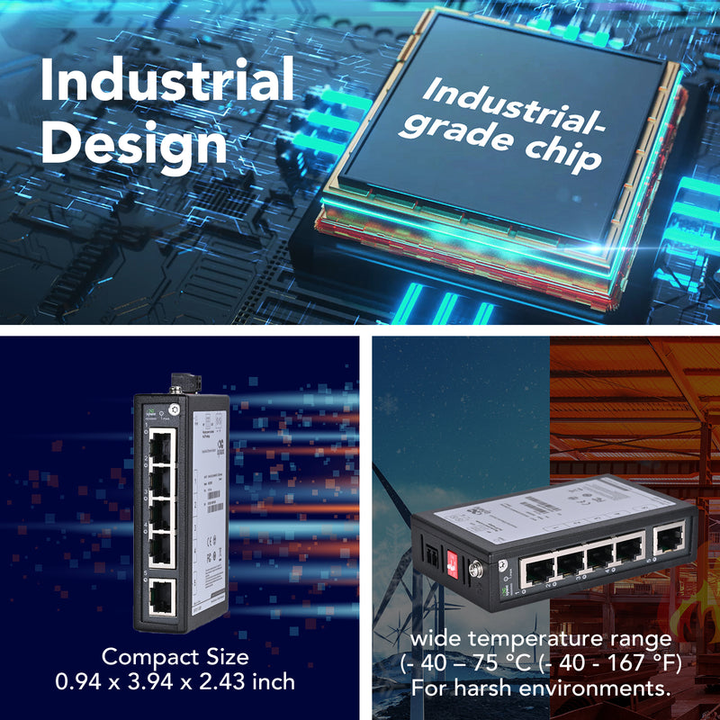 ISE5005D | 5-Port Unmanaged Industrial Ethernet Switch with Certificate of UL, CE, FCC, 5*10/100/1000 Base-T(X), DIN-Rail Mounting, Wide Temperature -40 ~ +75℃, 2-Pin Anti-Reverse Terminal, QoS, BSP