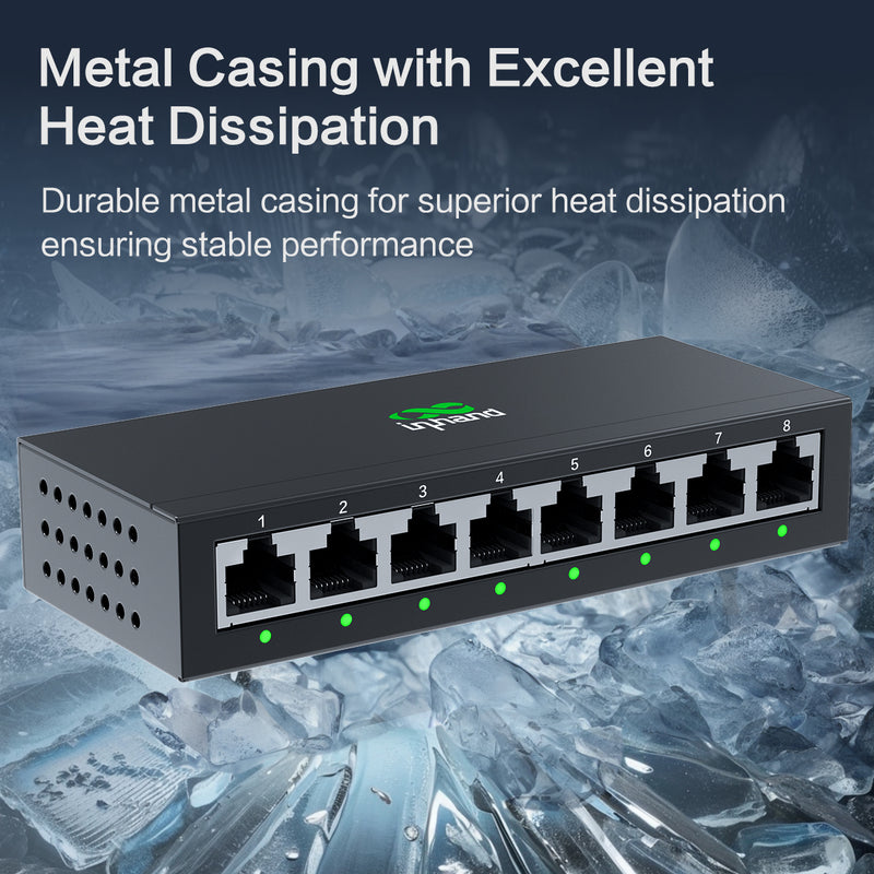 InHand ES220-8T 8-Port Unmanaged Gigabit Switch | Plug and Play Network Extender | Fanless Metal Casing for Business, Office & Home Network