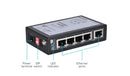 ISE5005D | 5-Port Unmanaged Industrial Ethernet Switch with Certificate of UL, CE, FCC, 5*10/100/1000 Base-T(X), DIN-Rail Mounting, Wide Temperature -40 ~ +75℃, 2-Pin Anti-Reverse Terminal, QoS, BSP