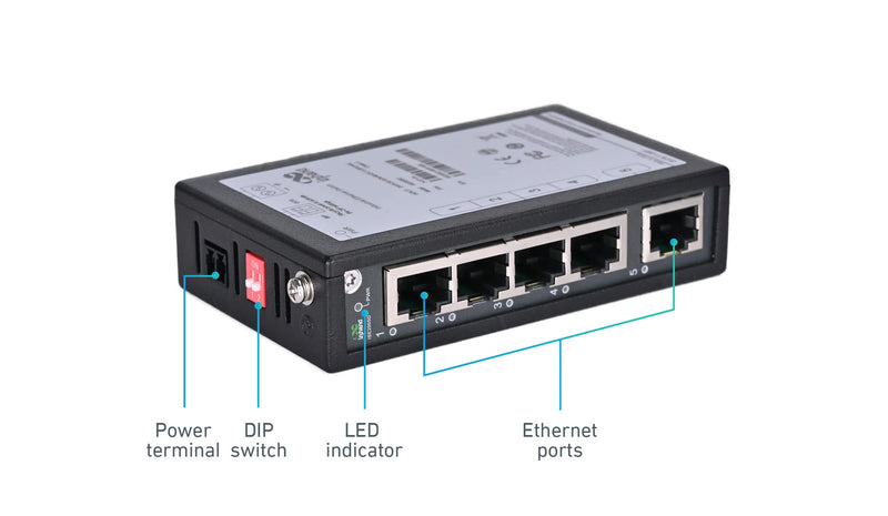 ISE2005D | 5-Port Unmanaged Industrial Ethernet Switch with Certificate of UL, CE, FCC, 5*10/100 Base-T(X) RJ45 Ports, DIN-Rail Mounting, 2-Pin Anti-Reverse Terminal, QoS, BSP