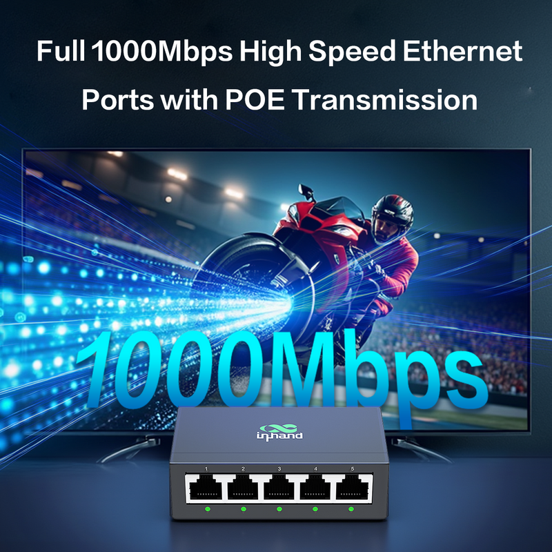 InHand ES220 Unmanaged Switch with One-Click VLAN | 5-Port Gigabit Ethernet Hub with 52W Power Output | Fanless Metal Case for Security Cameras, VoIP Phones & WiFi AP (5-Port Gigabit PoE Switch)